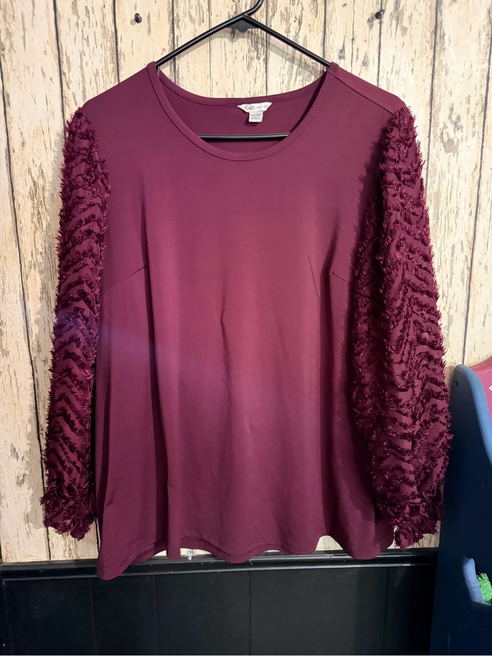 Cato Burgundy Long Sleeve Top with Textured Sleeves